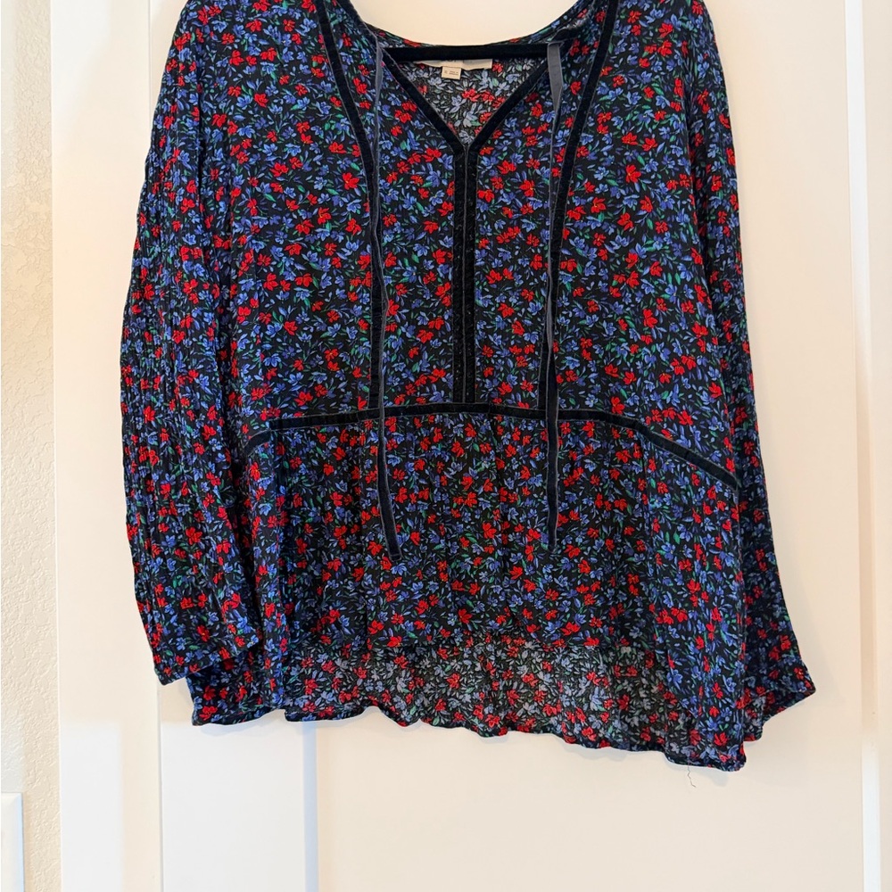 LOFT Navy Floral V-Neck Peasant Blouse with Red Accents